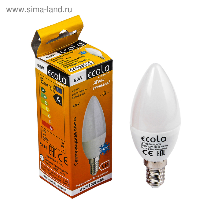 фото Лампа светодиодная ecola light, с37, 6 вт, e14, 4000 k, 100x37 мм