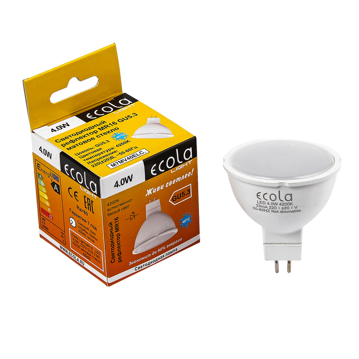 Лампа светодиодная Ecola Light, MR16, GU5.3, 4,0 Вт, 4200K, 220 В, матовое стекло, 46x50