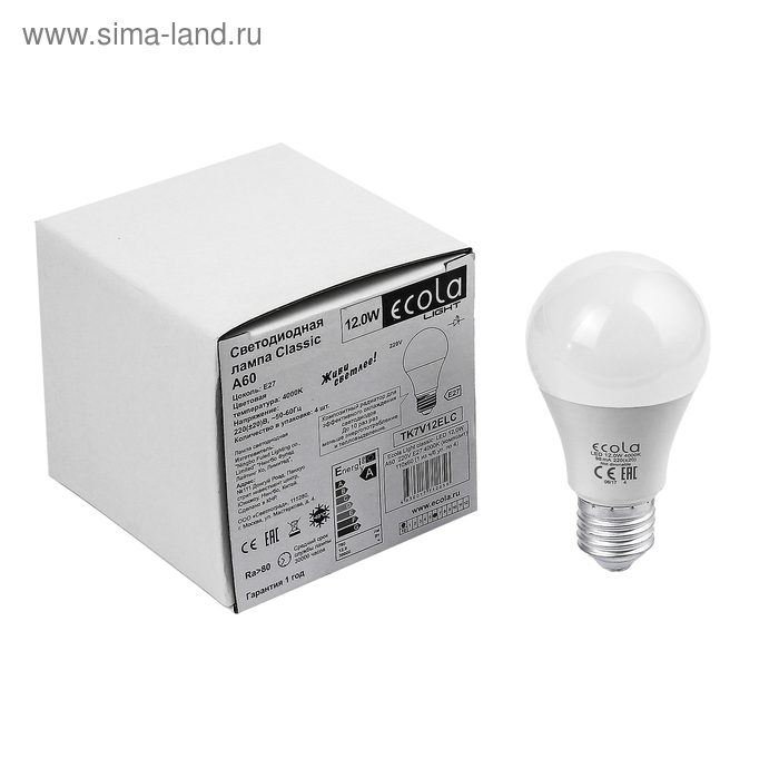 фото Лампа светодиодная ecola light, a60, e27, 12 вт, 4000 k, 110x60 мм, дневной белый