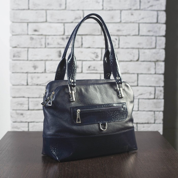 Сумка женская, 3 отдела на молниях, 2 наружных кармана, флотер/кайман/шик, цвет тёмно-синий