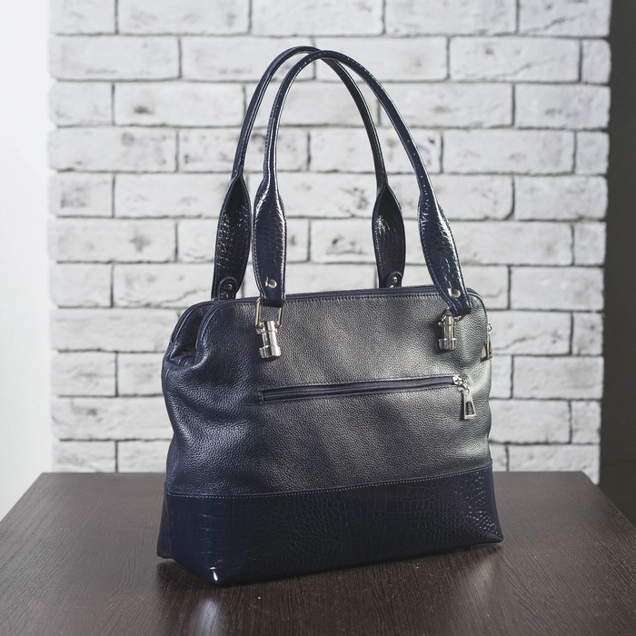 Сумка женская, 3 отдела на молниях, 2 наружных кармана, флотер/кайман/шик, цвет тёмно-синий