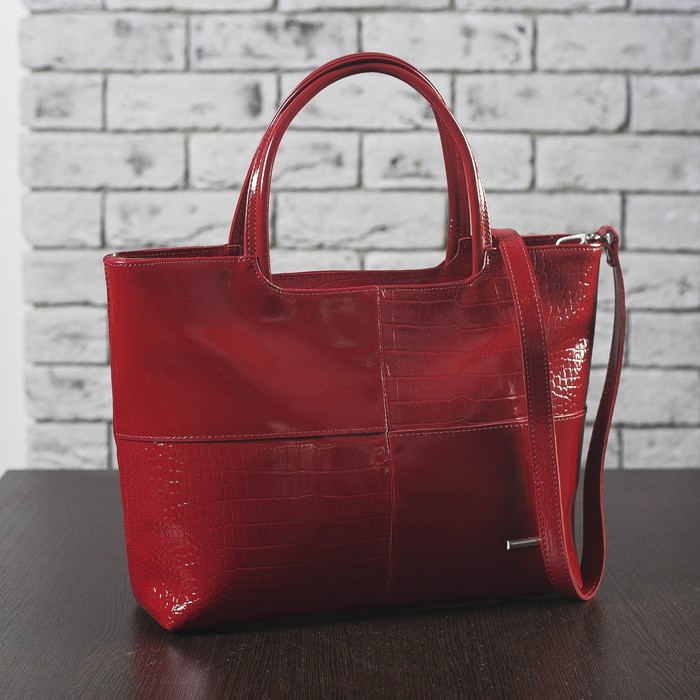 Сумка женская, 2 отдела с перегородками на молнии, наружный карман, кайман/шик/гладкий шик, цвет красный