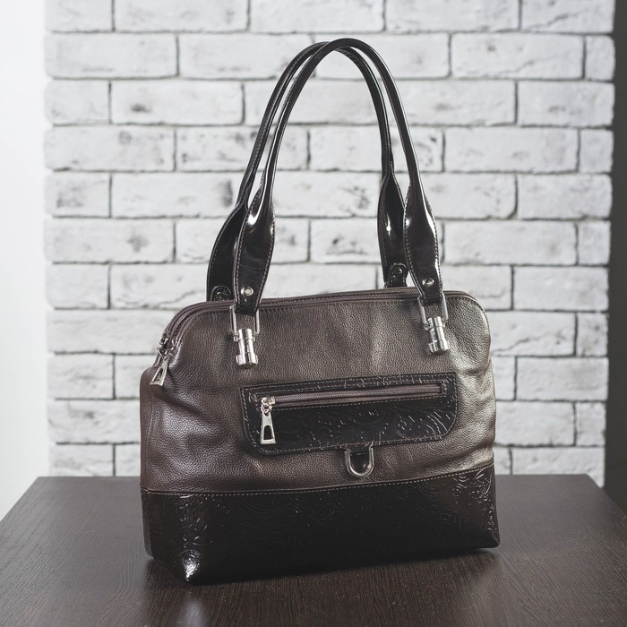 Сумка женская, 3 отдела на молниях, 2 наружных кармана, коричневый флотер/кайман/шик