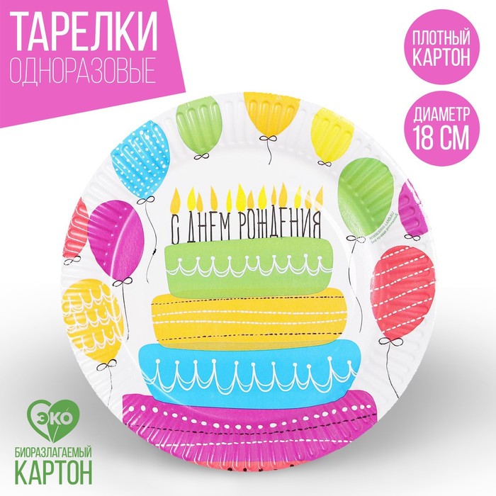 Тарелка одноразовая бумажная Сднем рождения, торт  (18 см)