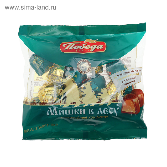 фото Конфеты шоколадные пакет подушка, "мишки в лесу" с начинкой и вафельной крошкой, 200 г победа вкуса