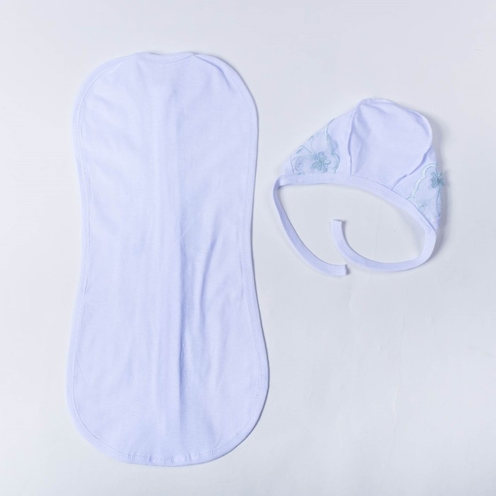 Комплект из нарядной пелёнки-кокона и чепчика, рост 50-56 см, цвет белый с голубым кружевом, кулирка, 160 г/м2