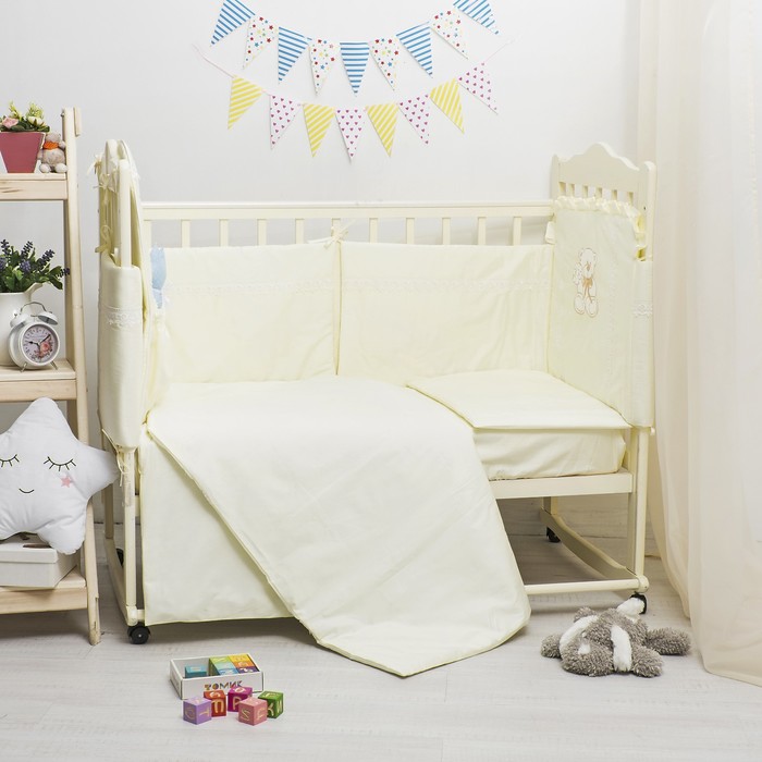 Комплект в кроватку ЭЛИТ 7 предметов, вышивка/кружево, велюр/сатин, цв лимон