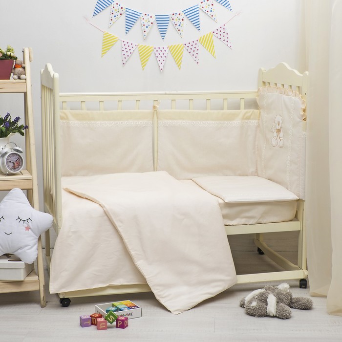 Комплект в кроватку ЭЛИТ 5 предметов, вышивка/кружево, велюр/бязь, цв беж