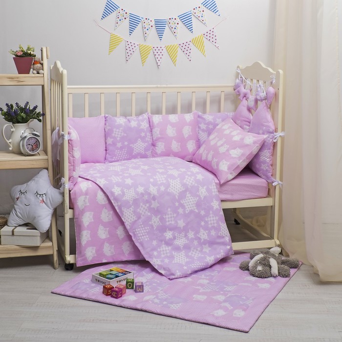 Комплект в кроватку ПРЕМИУМ Совушки, 22 предмета, цв роз/сирень, бязь