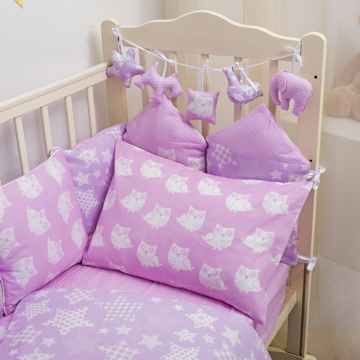 Комплект в кроватку ПРЕМИУМ Совушки, 22 предмета, цв роз/сирень, бязь