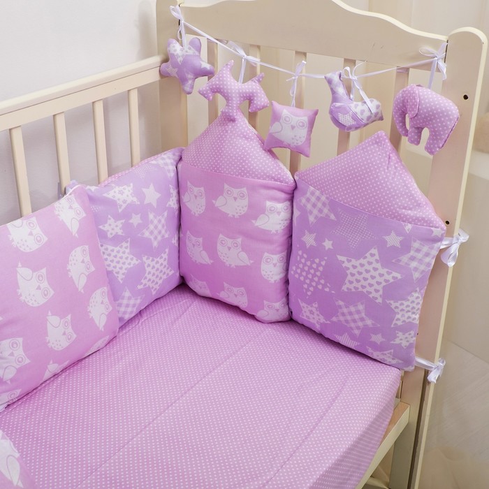 Комплект в кроватку ПРЕМИУМ Совушки, 22 предмета, цв роз/сирень, бязь