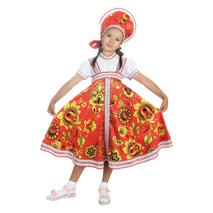 Русский народный костюм "Хохлома", платье, кокошник, цвет красный, р-р 34, рост 134 см