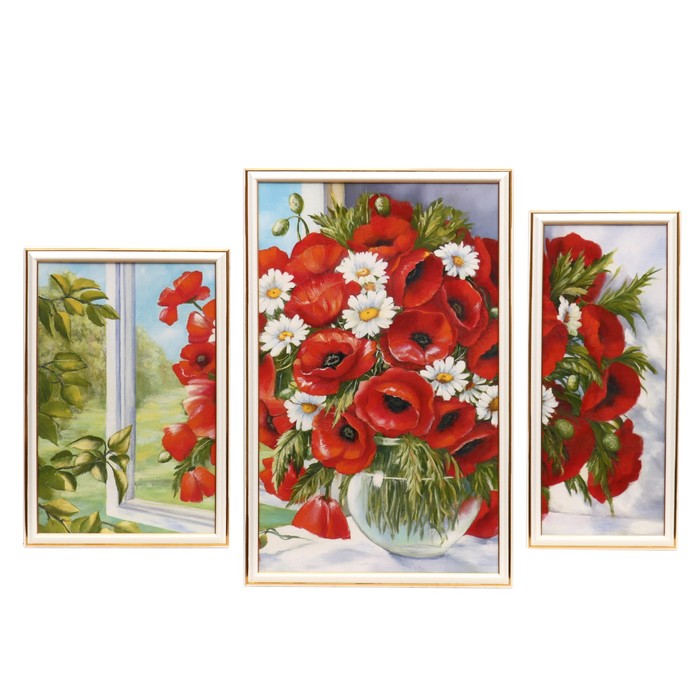 Картина модульная "Ромашки и маки" (34*53, 19*43, 26*38),   53*79 см