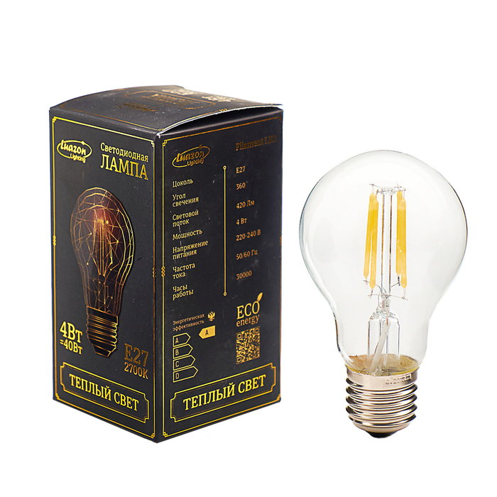 Лампа светодиодная груша, A60 , E27, 4w, теплый свет, прозрачная