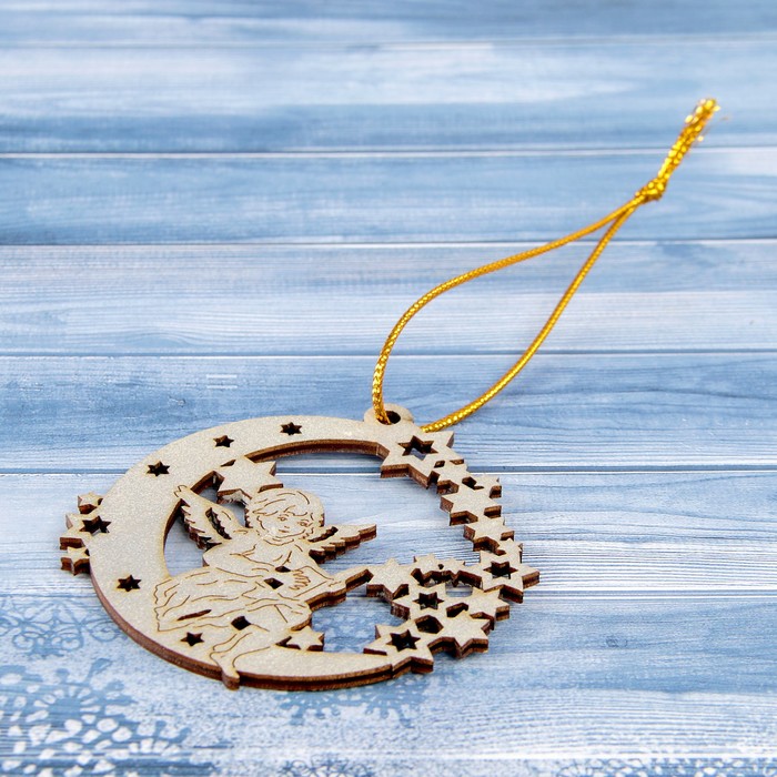 Подвеска на ёлку «Ангелочек с книгой на луне», серебро, 7,1×7,6 см