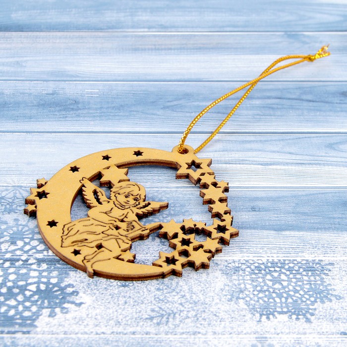 Подвеска на ёлку «Ангелочек с книгой на луне», золото, 7,1×7,6 см