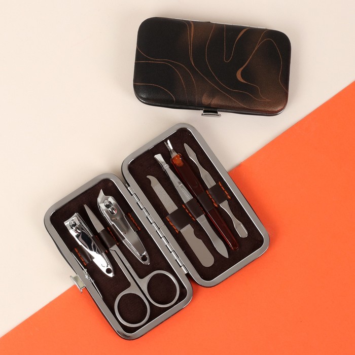 Набор маникюрный в футляре, 7 предметов, цвет коричневый