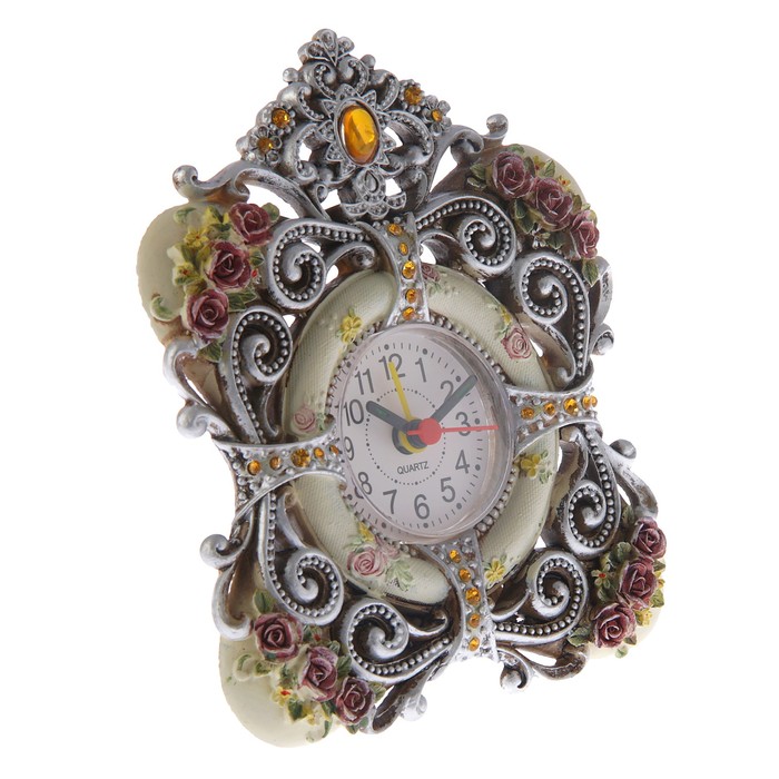 Часы настольные, серия Лепнина. Бабочка, Розы по краям и ажур цвета стали, бат 1АА, 12*15см 275702