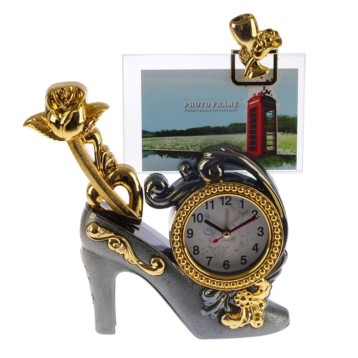 Часы настольные с доп. функциями. Туфелька Принцессы + фоторамка (10*15 см) микс 24*23 см