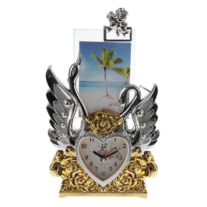 Часы настольные с доп. функциями. Два лебедя + фоторамка (10*15 см) микс 24*23 см