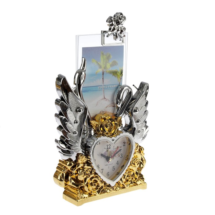 Часы настольные с доп. функциями. Два лебедя + фоторамка (10*15 см) микс 24*23 см