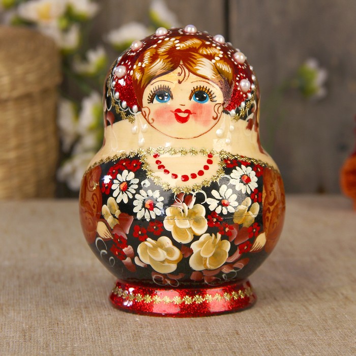 Матрёшка «Жемчуг», чёрно-красный платок, 10 кукольная, 16 см, люкс