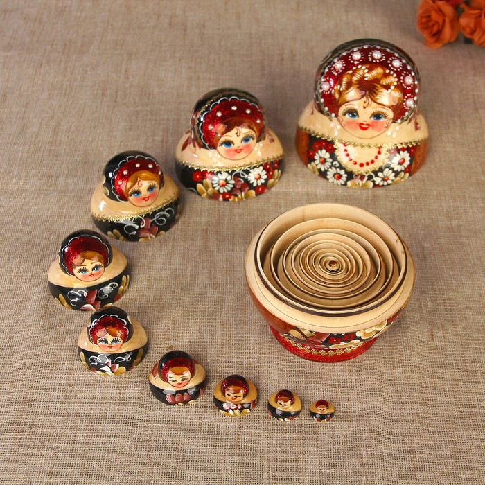 Матрёшка «Жемчуг», чёрно-красный платок, 10 кукольная, 16 см, люкс