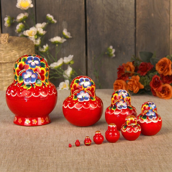 Матрёшка «Цветы», красный платок, 10 кукольная, 14 см, люкс