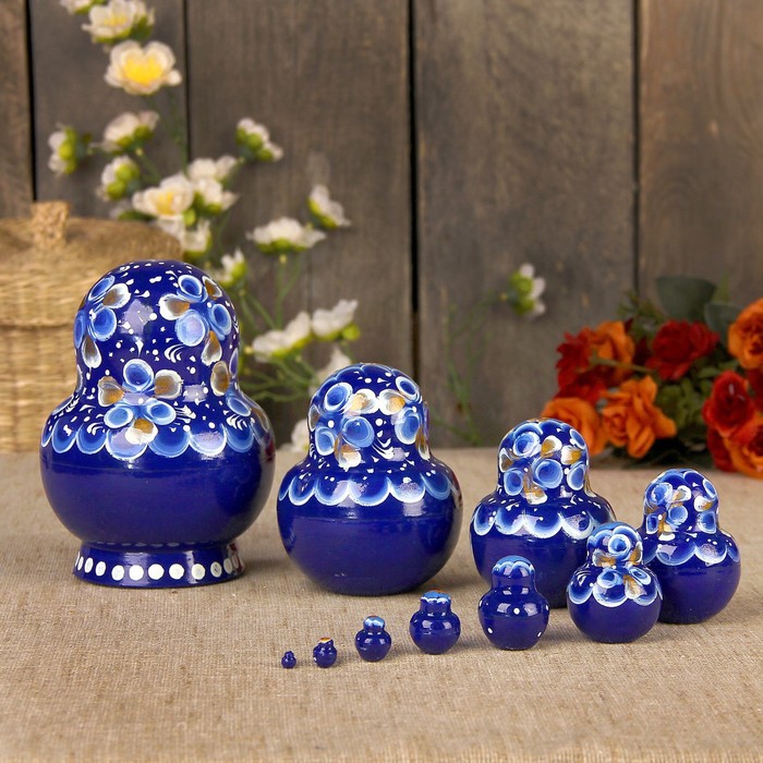 Матрёшка «Цветы», тёмно-синий платок, 10 кукольная, 14 см, люкс