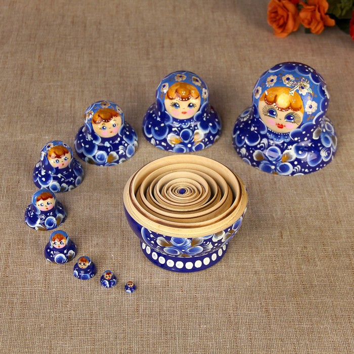 Матрёшка «Цветы», тёмно-синий платок, 10 кукольная, 14 см, люкс