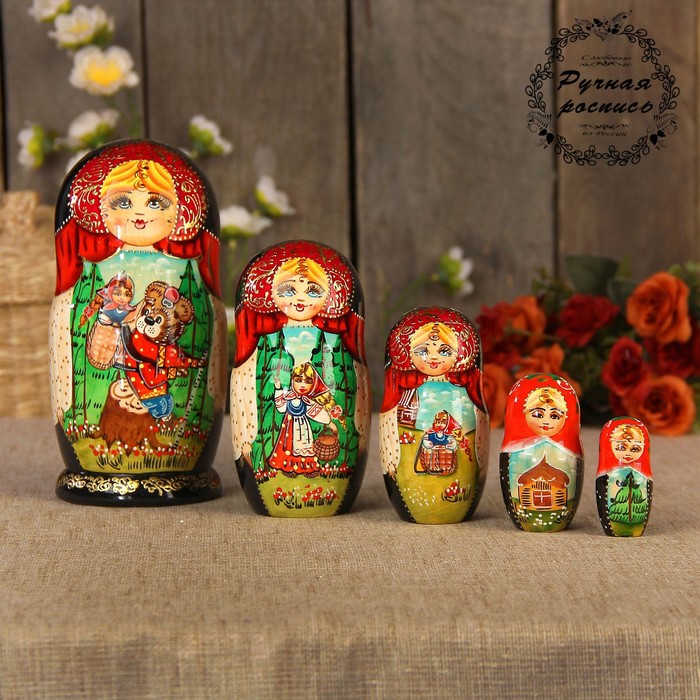 Матрёшка «Маша и медведь», чёрный платок, 5 кукольная, 17 см, люкс