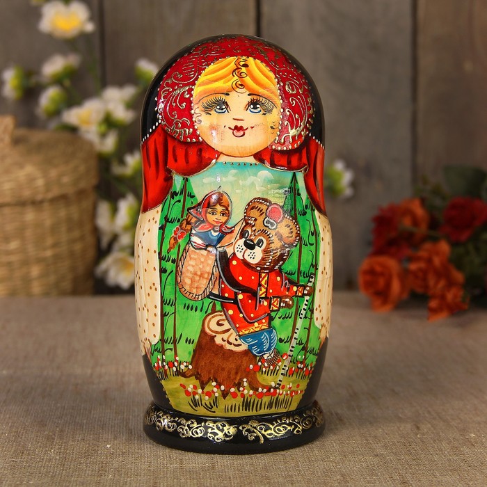 Матрёшка «Маша и медведь», чёрный платок, 5 кукольная, 17 см, люкс