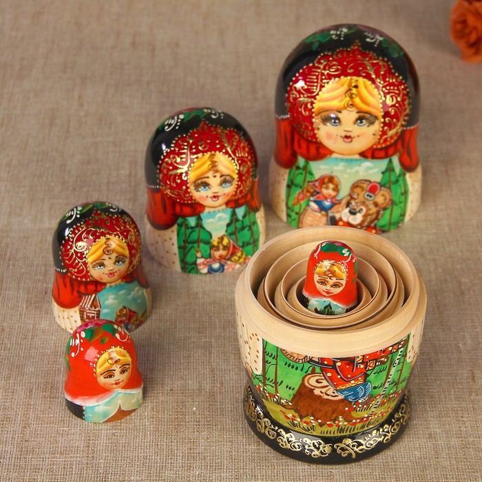 Матрёшка «Маша и медведь», чёрный платок, 5 кукольная, 17 см, люкс