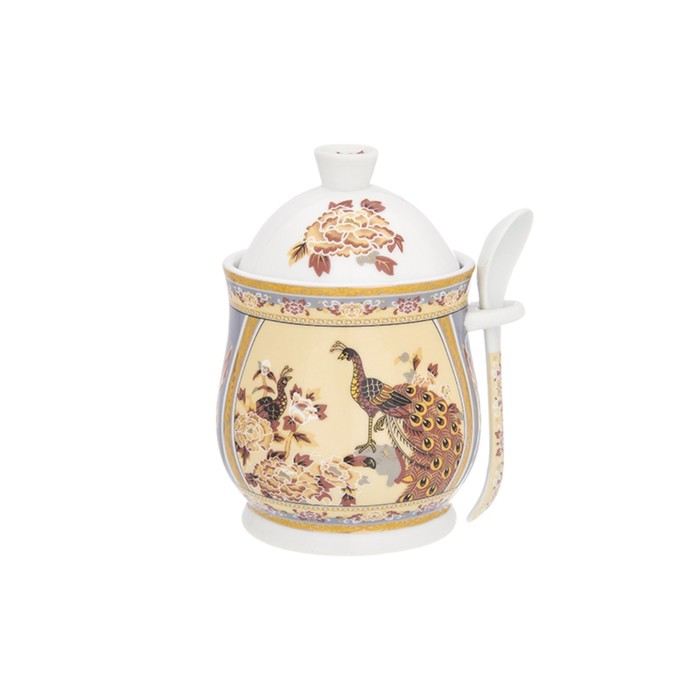 Горшочек для мёда, 10,5 х 9 х 12 см, 340 мл, "Павлин на бежевом", ложка