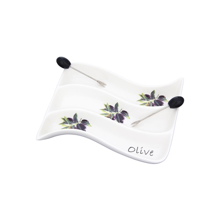 Менажница "Волна Оливки" 3 секции, 2 шпажки, 17,5 х 15 х 2,5 см, 200 мл