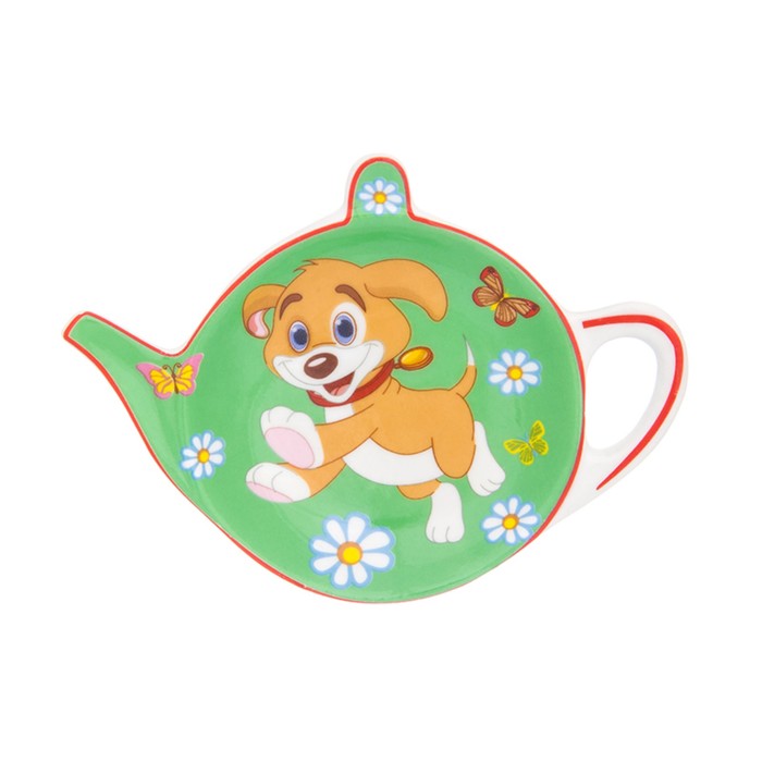 Подставка под чайные пакетики "Щенок с бабочками в цветах на зеленом", 11,5 х 8,5 х 1,5 см