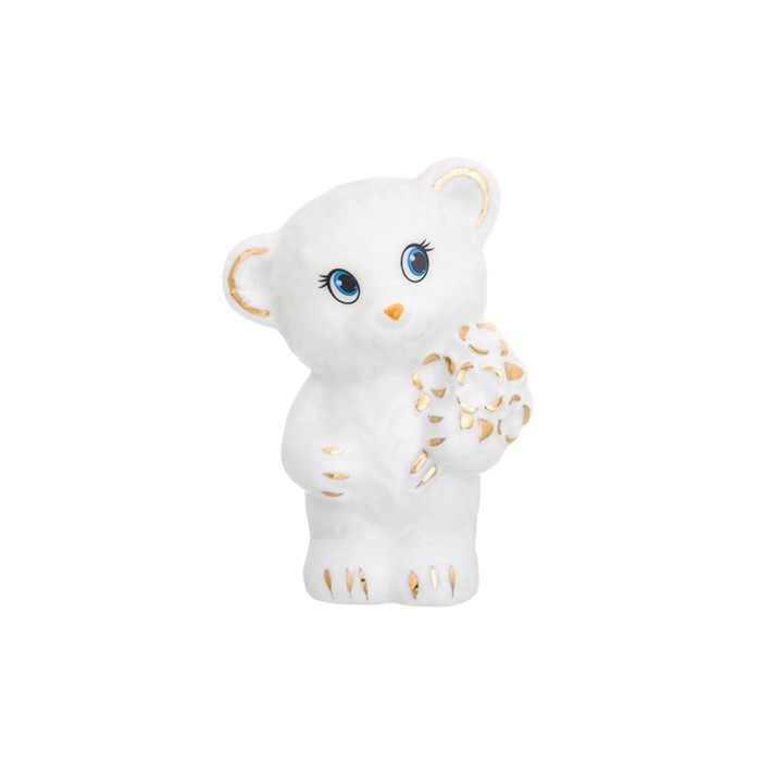 Фигурка декоративная 6,5 х 5 х 9 см, "Медвежонок с букетом" белая, золото