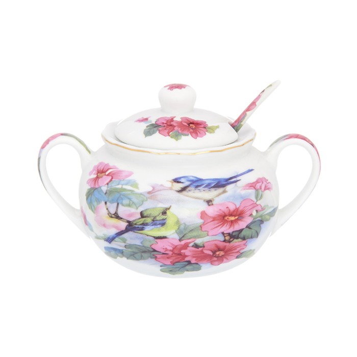 Сахарница 15 х 11 х 11 см, 350 мл, "Синички в цветах", ложка