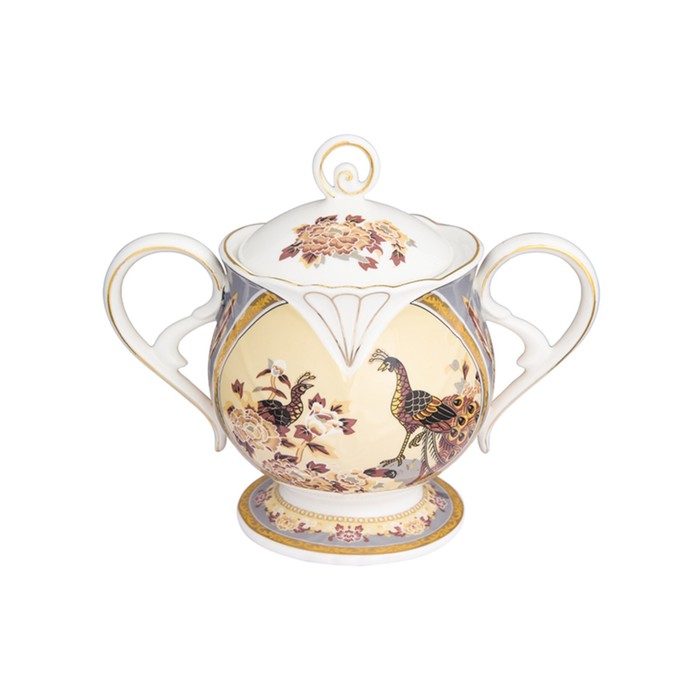 Сахарница 380 мл, 16 х 9,5 х 13,5 см, "Павлин на бежевом", с двумя ручками, крышка