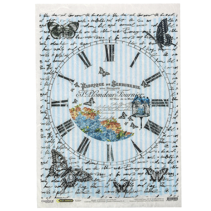 Рисовая бумага для декупажа "Часы с бабочками" формат  A3, 25г/м