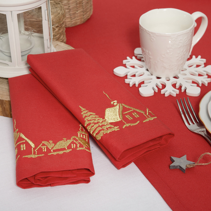 Набор салфеток "Этель" Рождественская деревня, 40х40 цвет красный, 2 шт, с ВМГО хл, 200 гр/м²