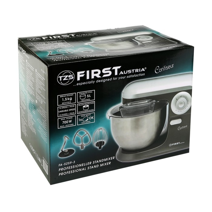 Миксер-тестомес FIRST FA-5259-3, 700 Вт, чаша 5 л, 10 скоростей, 3 насадки, серебристый