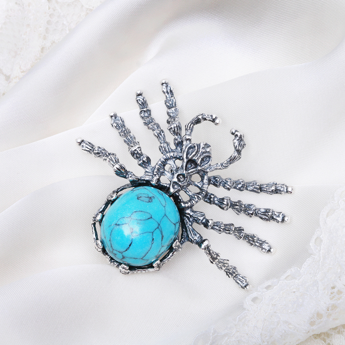 Брошь "Бирюза" паук в посеребрении