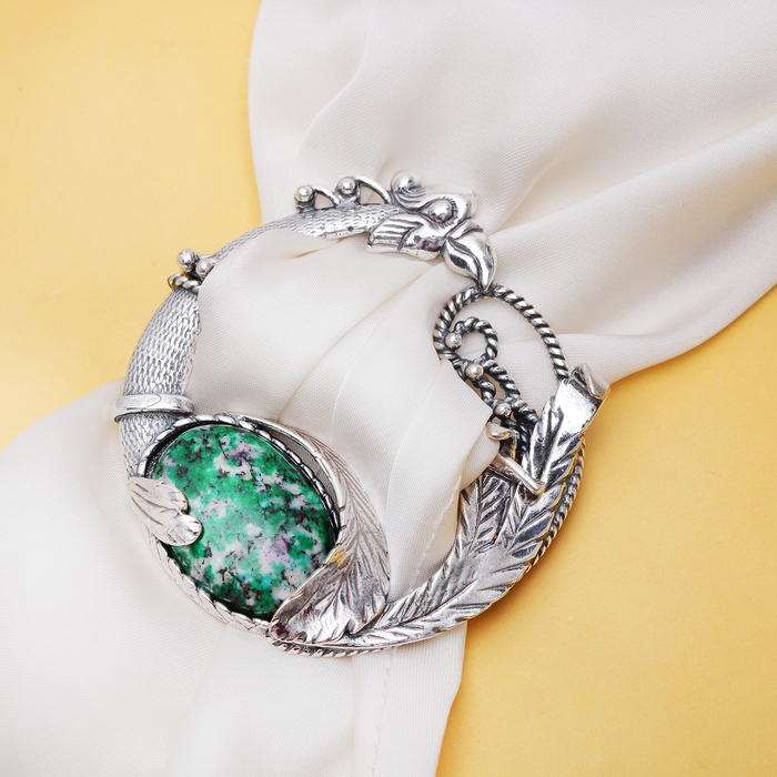 Зажим для платка посеребрение "Цоизит" птица