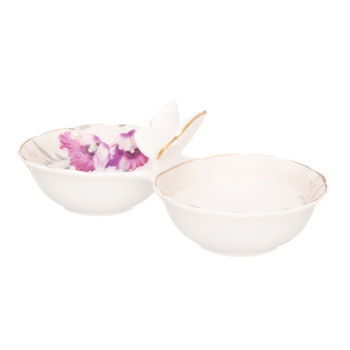 Солонка - перечница 15,5 х 7,3 х 5 см, 50 мл, "Серебристый мак" 2 секции с бабочкой, овальный