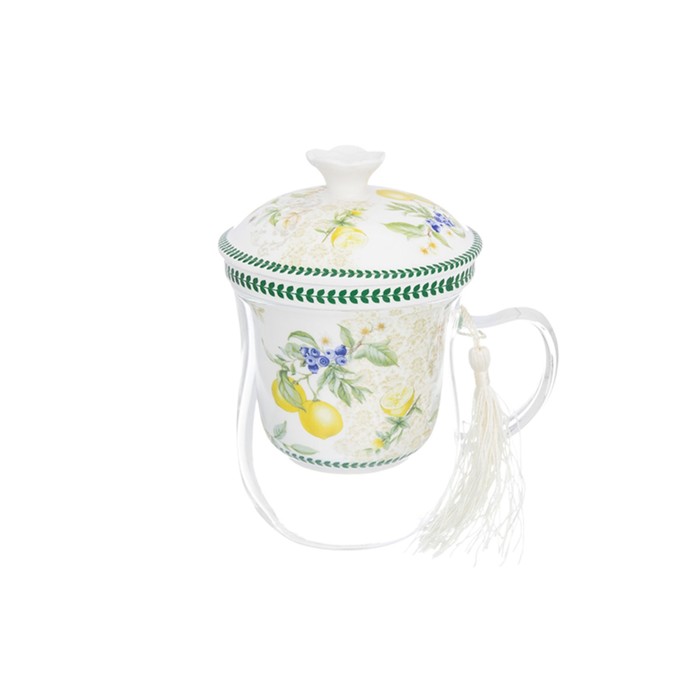 Кружка, стекло, фарфоровое сито 400 мл, 12 х 9 х 14 см, "Лимоны", крышка, фарфор