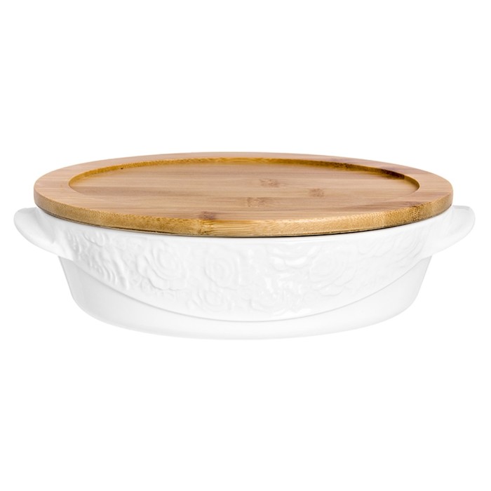 Блюдо для запекания и сервировки 24,5 х 16,7 х 7 см, 1,1 л, "Белые розы" овальный, с деревянной крышкой-подставка