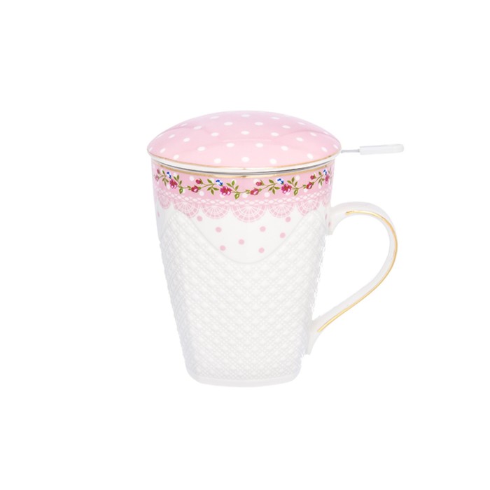 Кружка "Горошек с розами на розовом", металлическое сито 420 мл, 12,5 х 9 х 13 см