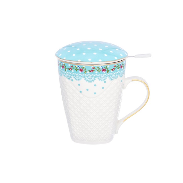 Кружка "Горошек с розами на бирюзовом", металлическое сито 420 мл, 12,5 х 9 х 13 см