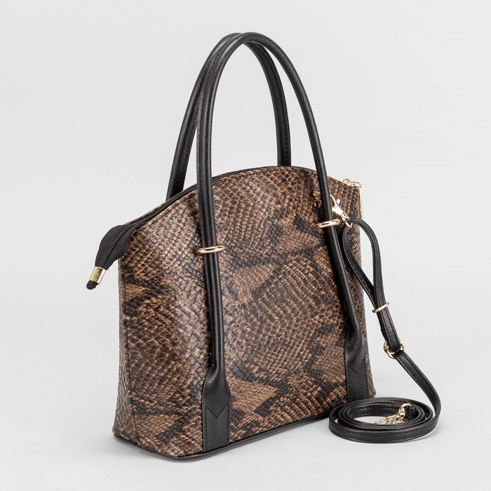 Сумка женская, отдел на молнии, наружный карман, кобра, цвет коричневый/чёрный